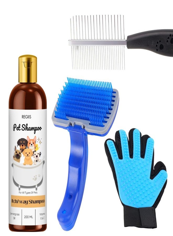 مجموعة العناية بالحيوانات الأليفة مع شامبو، وفرشاة تنظيف ذاتية، وقفاز لإزالة الشعر الزائد، ومجموعة غسول للحيوانات الأليفة بزيت الليمون 200 مل (عبوة من 4 قطع) - Image 1